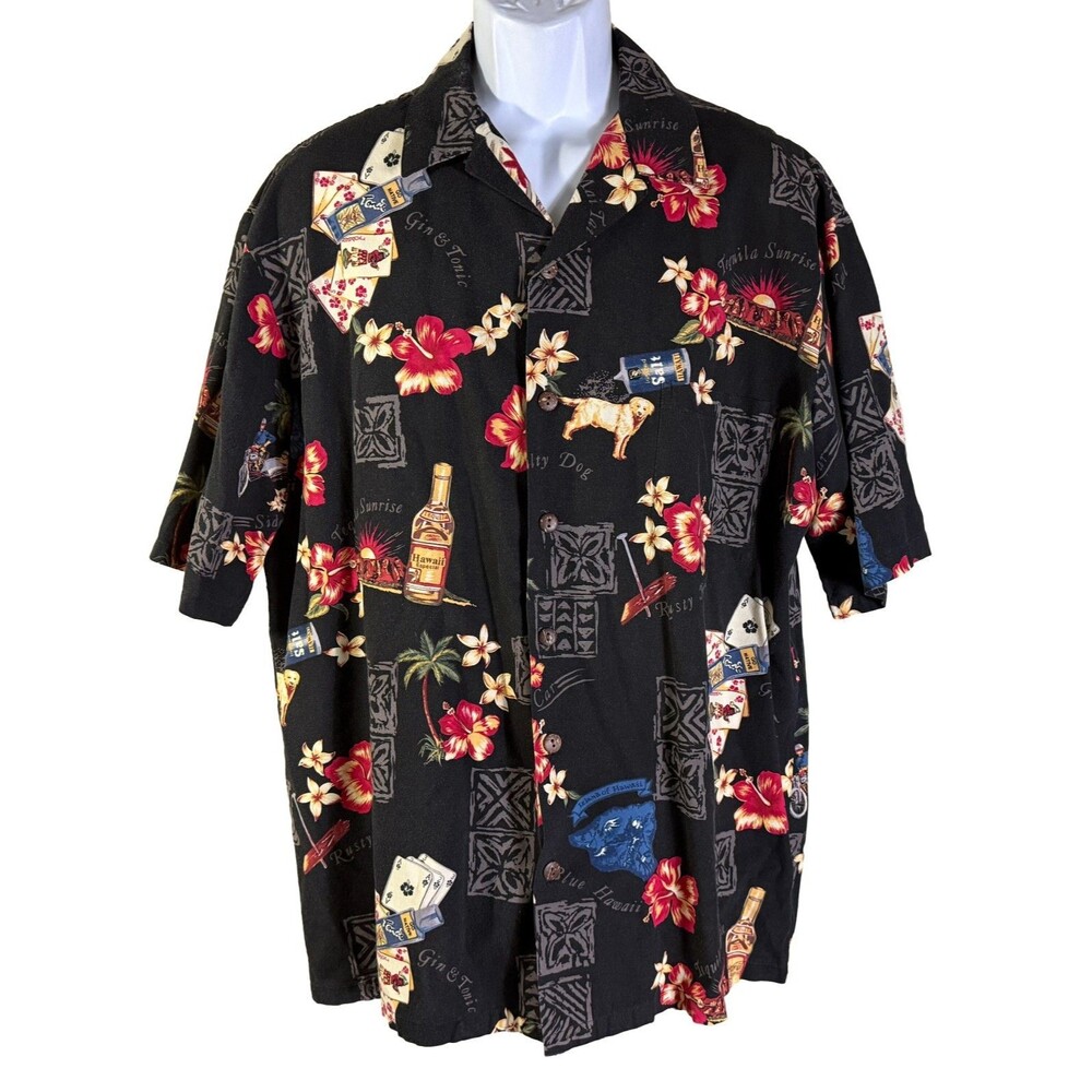 HILO‎ HATTIE Men's Short Sleeve Button Down Salty Dog Hawaiian Shirt Black XL